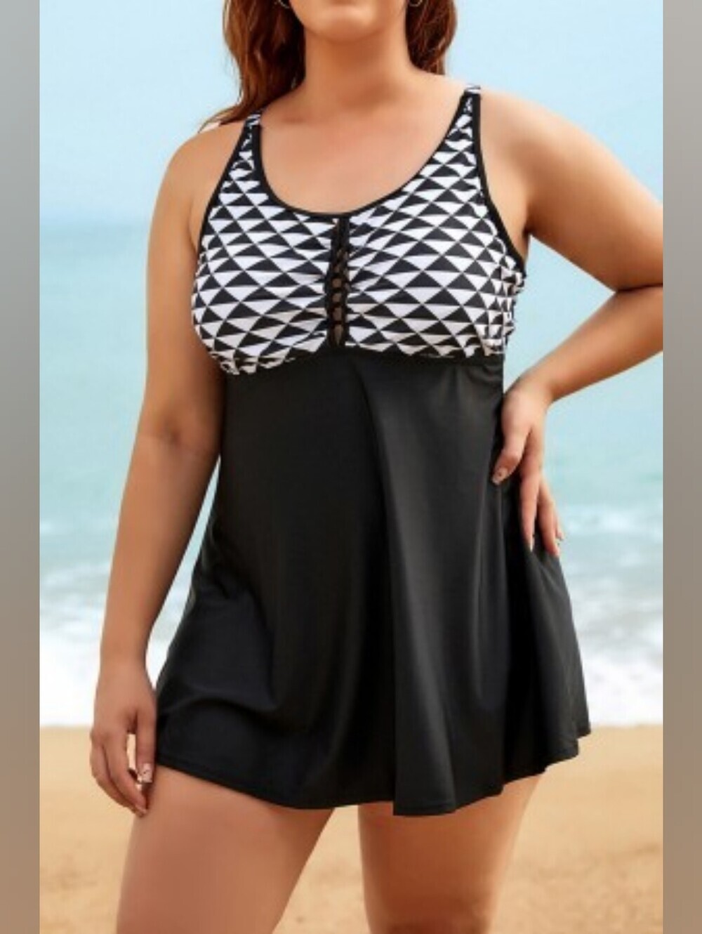 NWT Swimsuits For All Black and White Geometric Swim Dress-Size-16